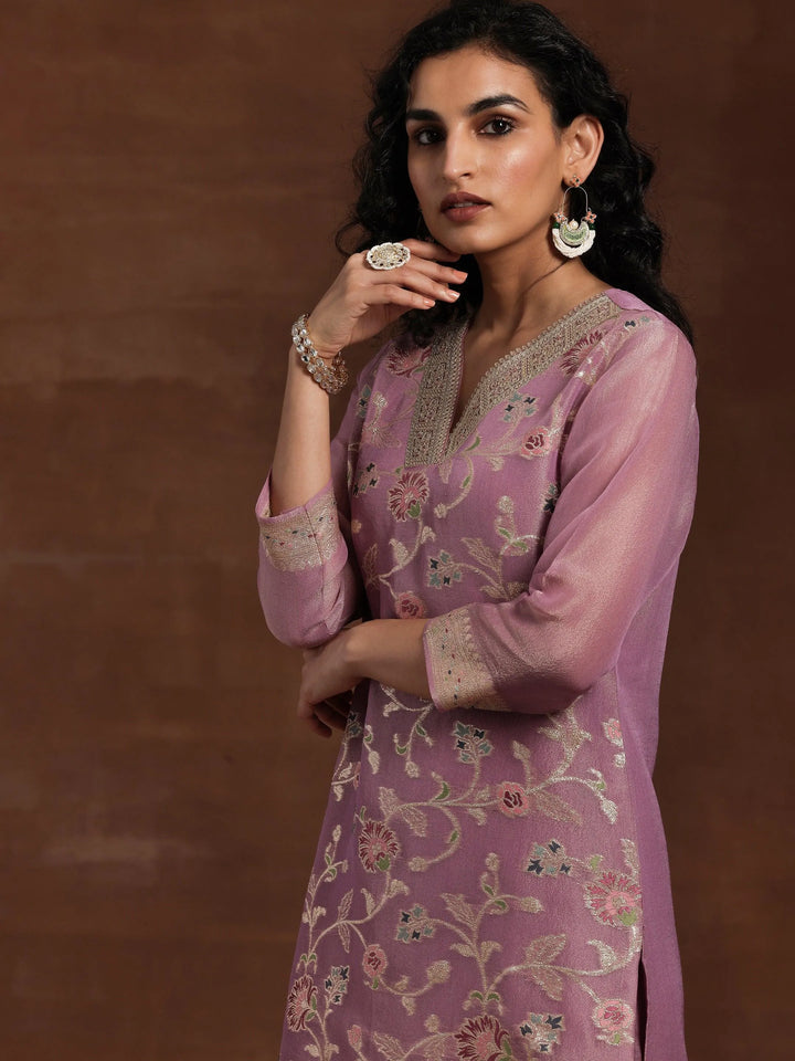 Mauve Woven Design Silk Blend Straight Kurta With Trousers & Dupatta - Libas