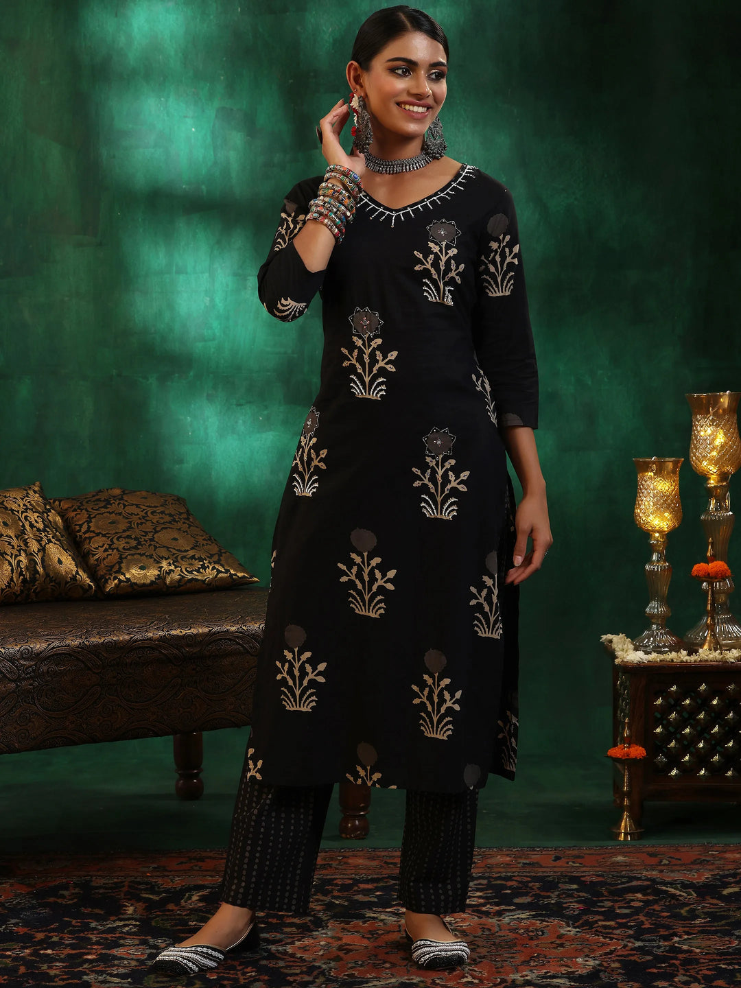  Black Printed Cotton Straight Kurta Set 