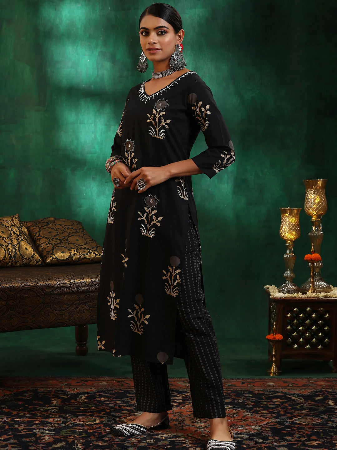  Black Printed Cotton Straight Kurta Set 