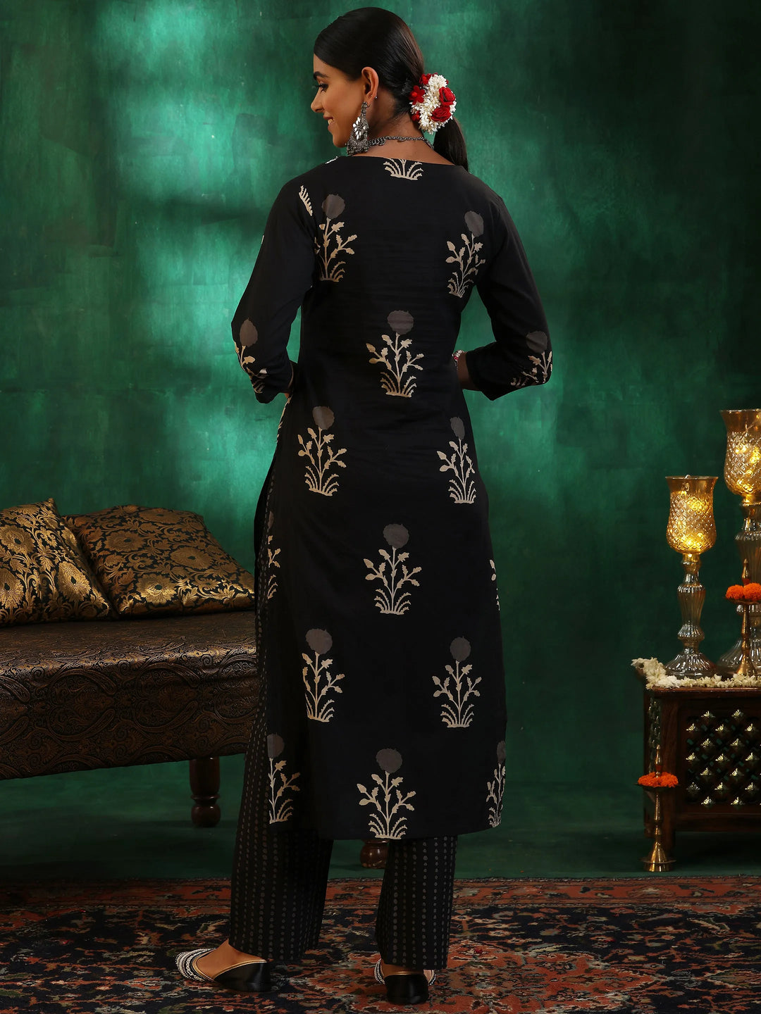  Black Printed Cotton Straight Kurta Set 