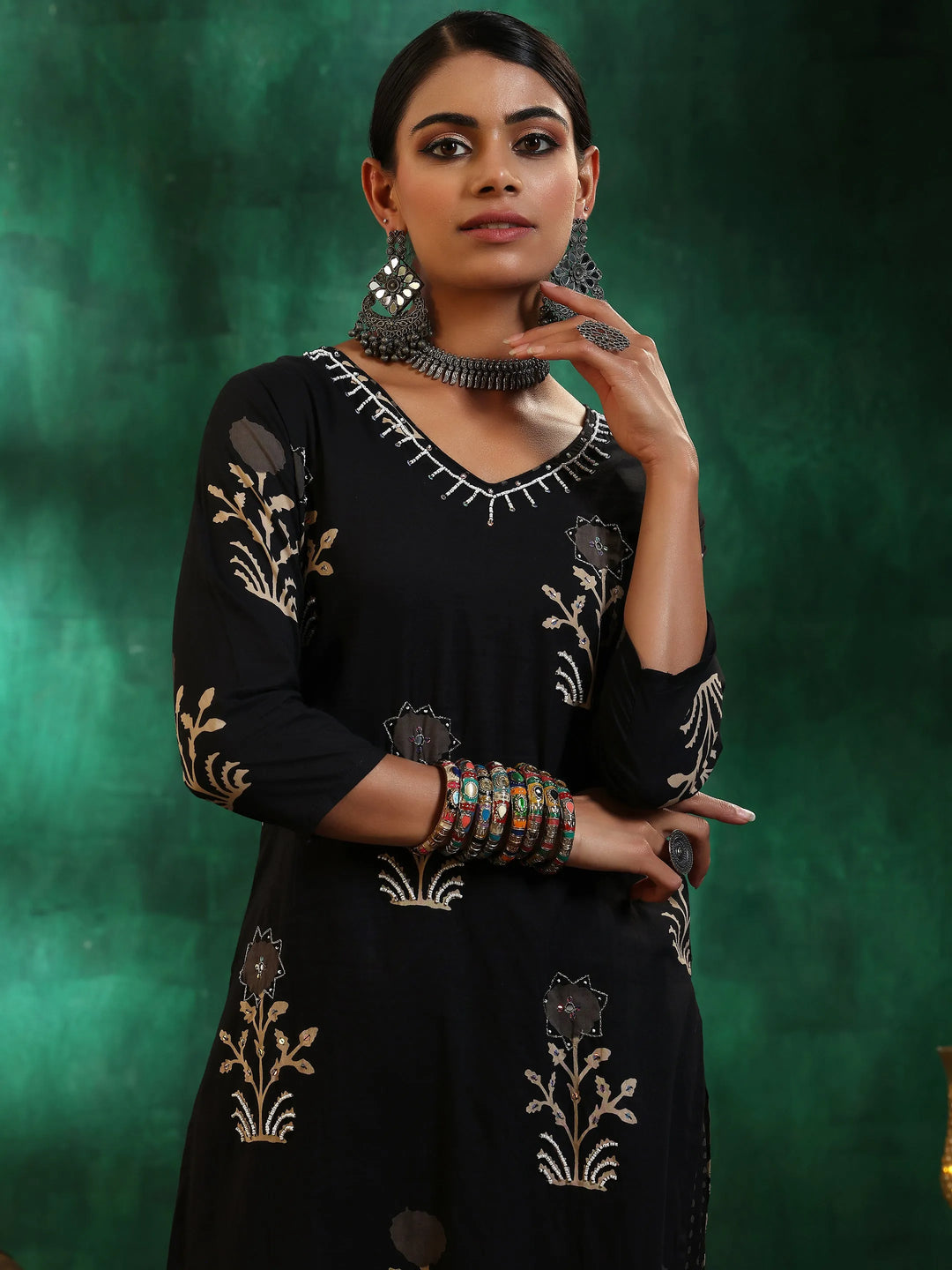  Black Printed Cotton Straight Kurta Set 