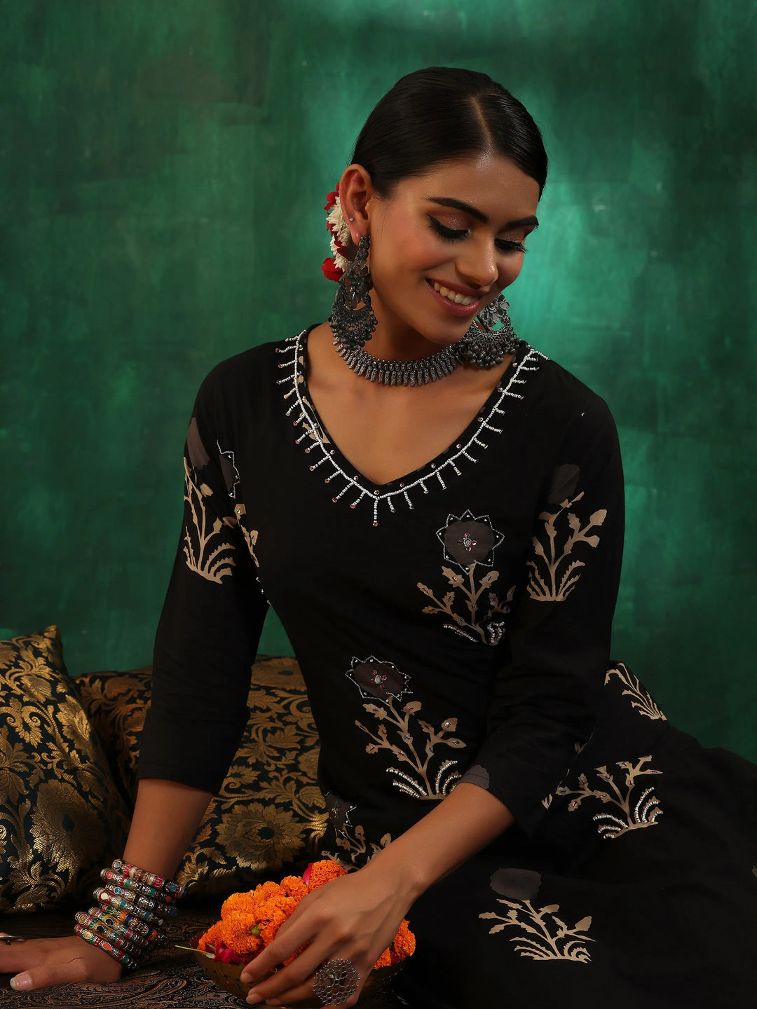  Black Printed Cotton Straight Kurta Set 