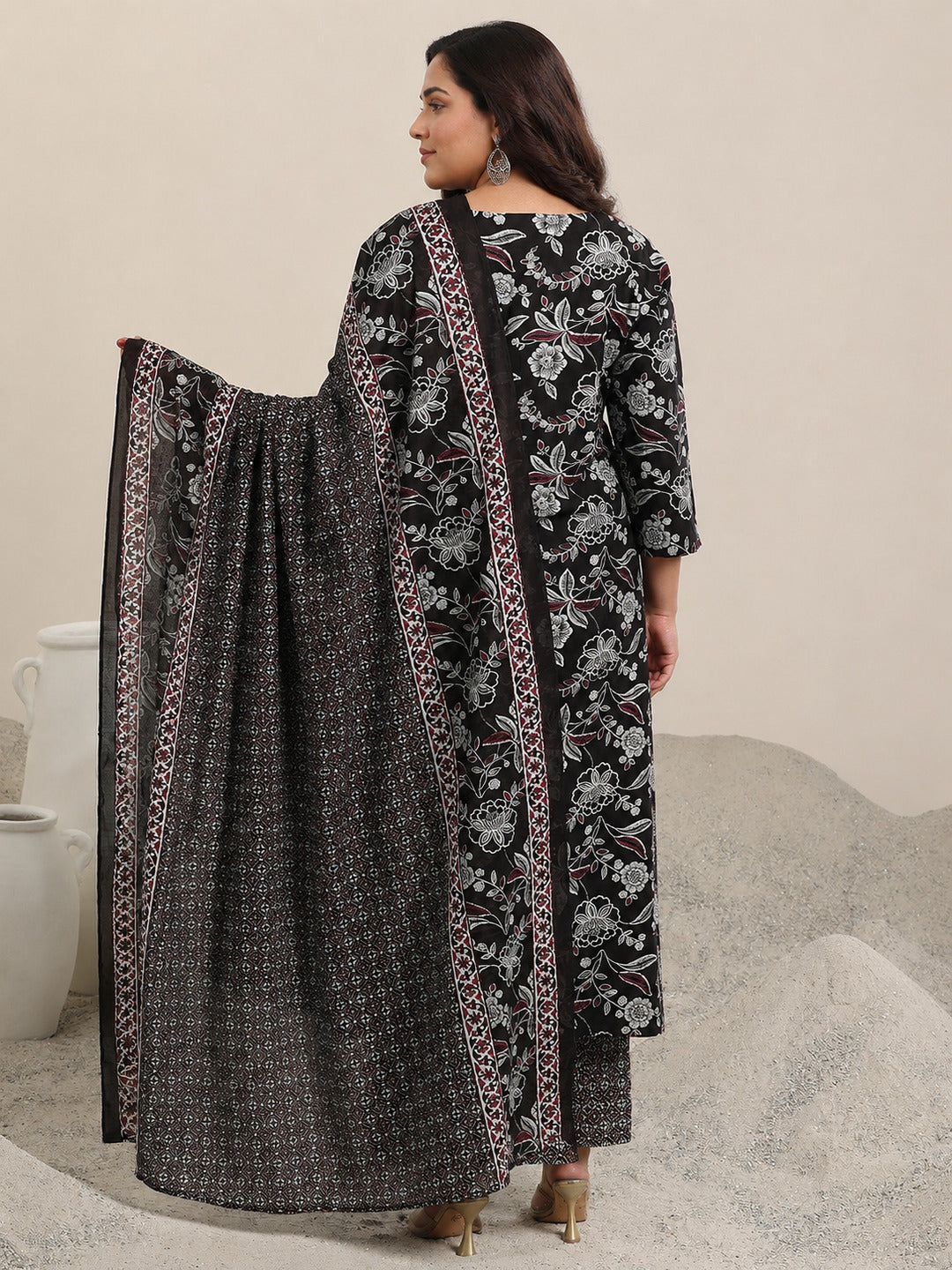  Plus Size Black Printed Cotton Straight Suit With Dupatta 