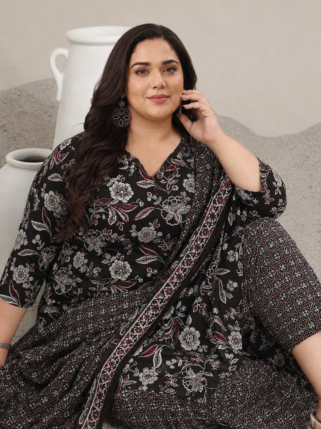  Plus Size Black Printed Cotton Straight Suit With Dupatta 