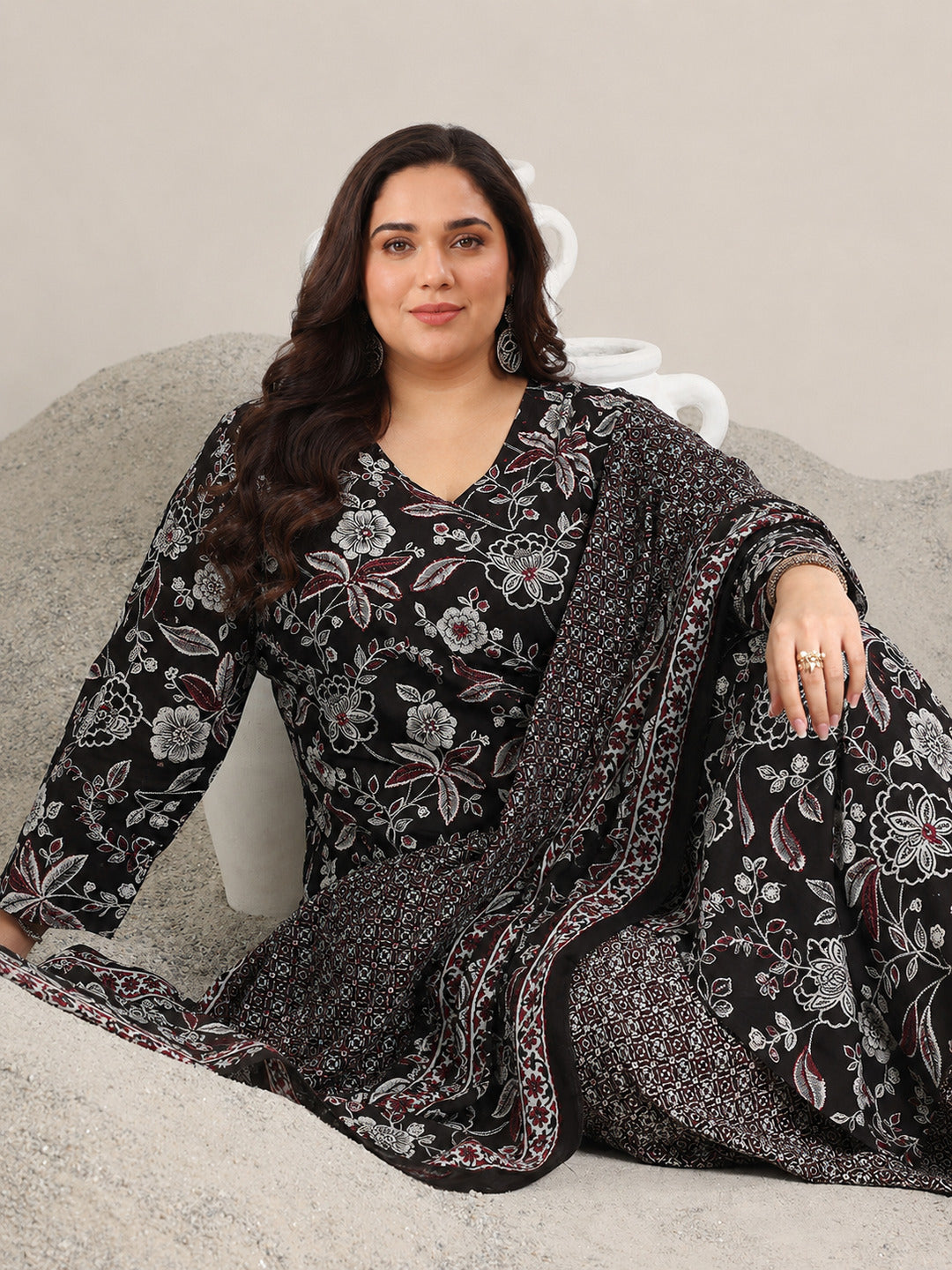  Plus Size Black Printed Cotton Straight Suit With Dupatta 