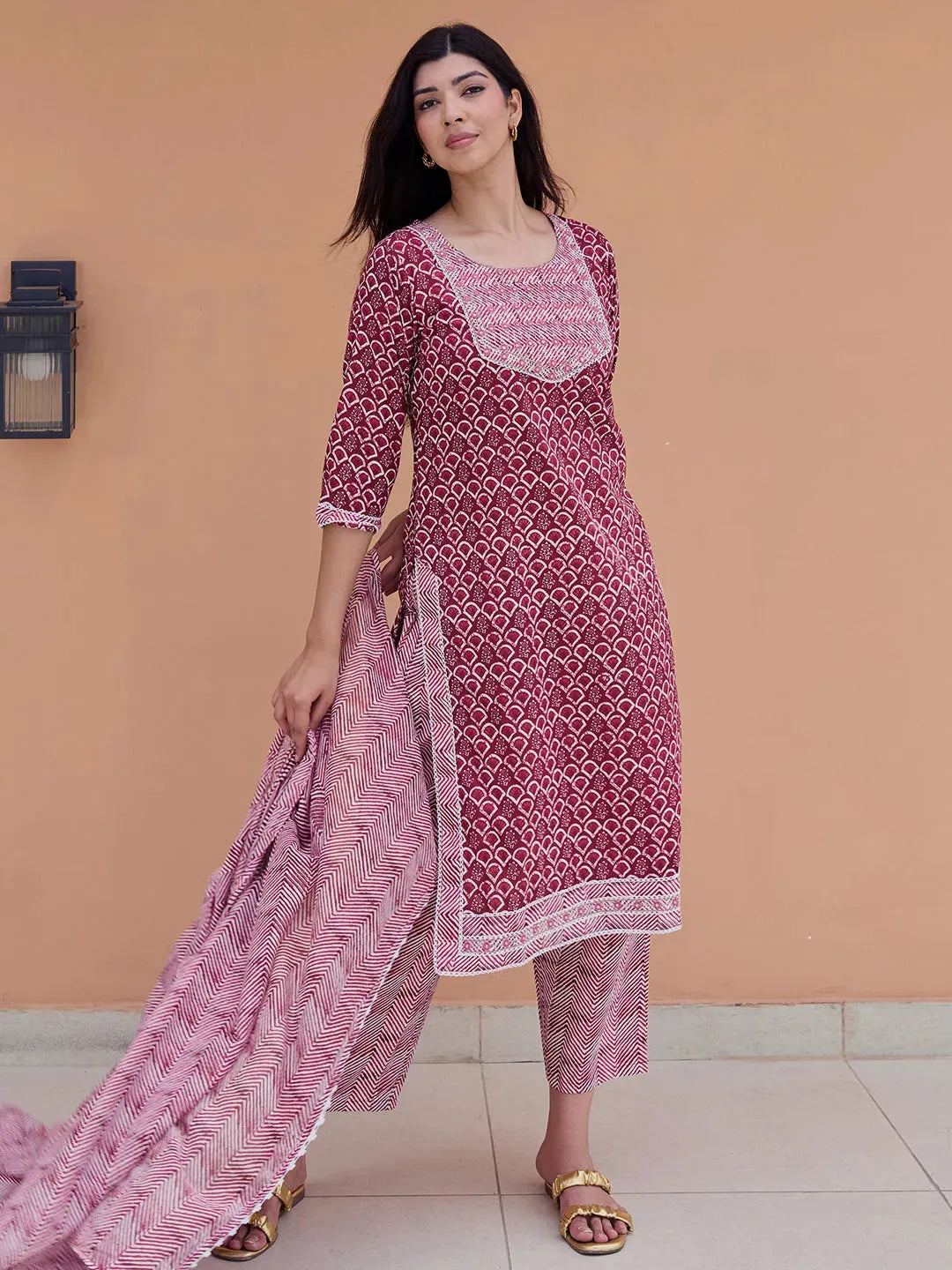  Maroon Printed Cotton Straight Suit With Dupatta 