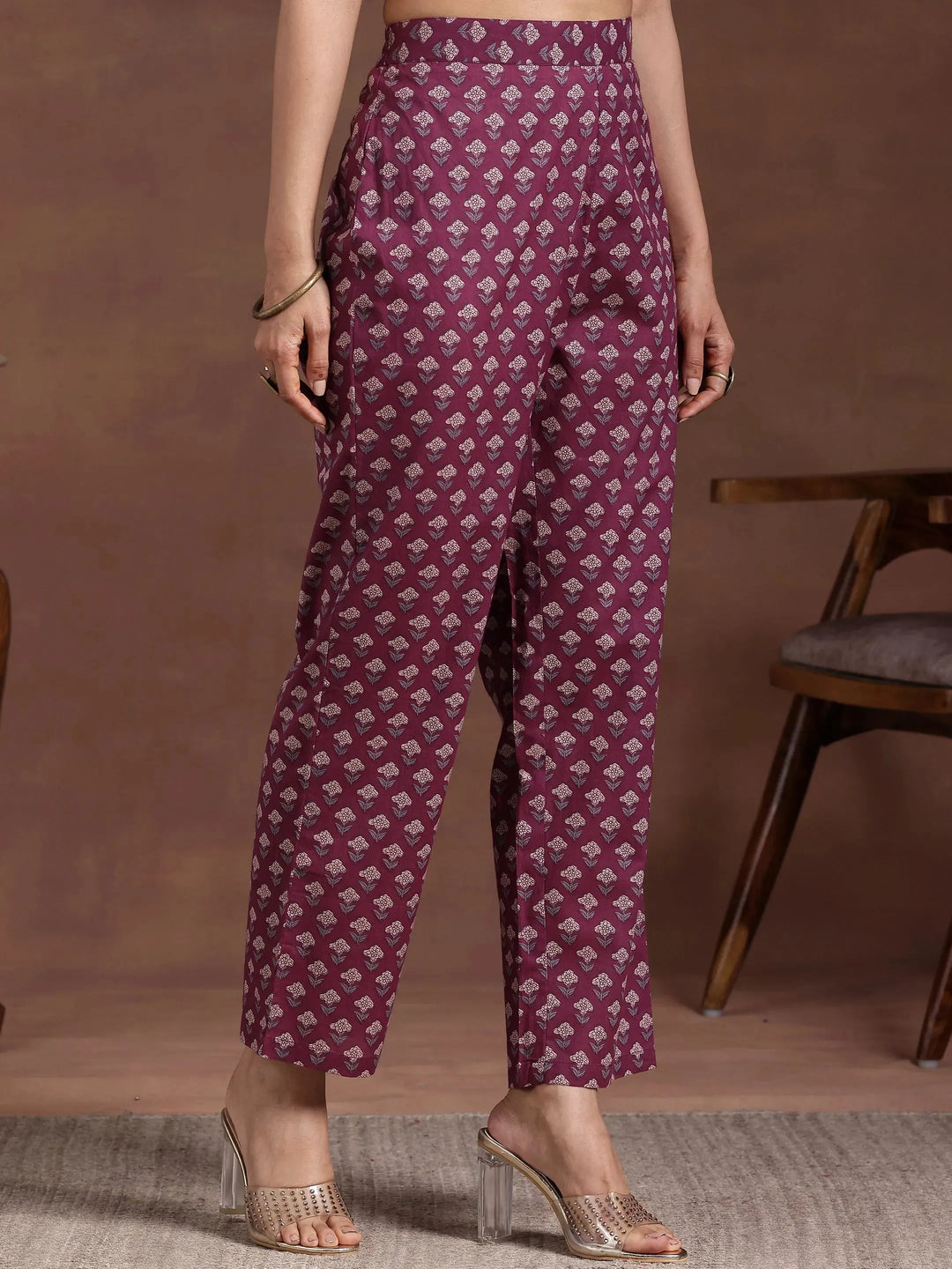  Wine Printed Cotton Straight Kurta Set 