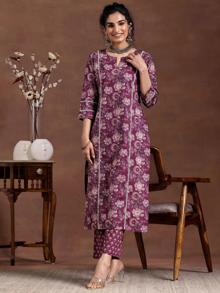 Libas Wine Printed Cotton Straight Kurta Set