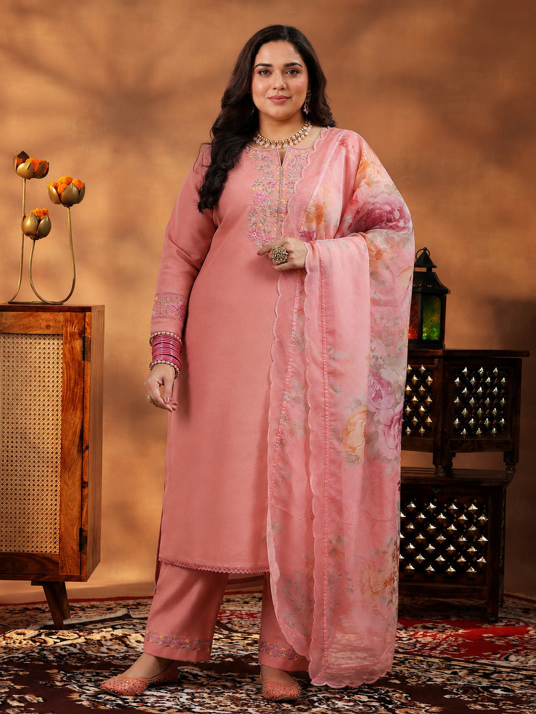 libas Plus Size Peach Yoke Design Silk Blend Straight Suit With Dupatta-picture-23