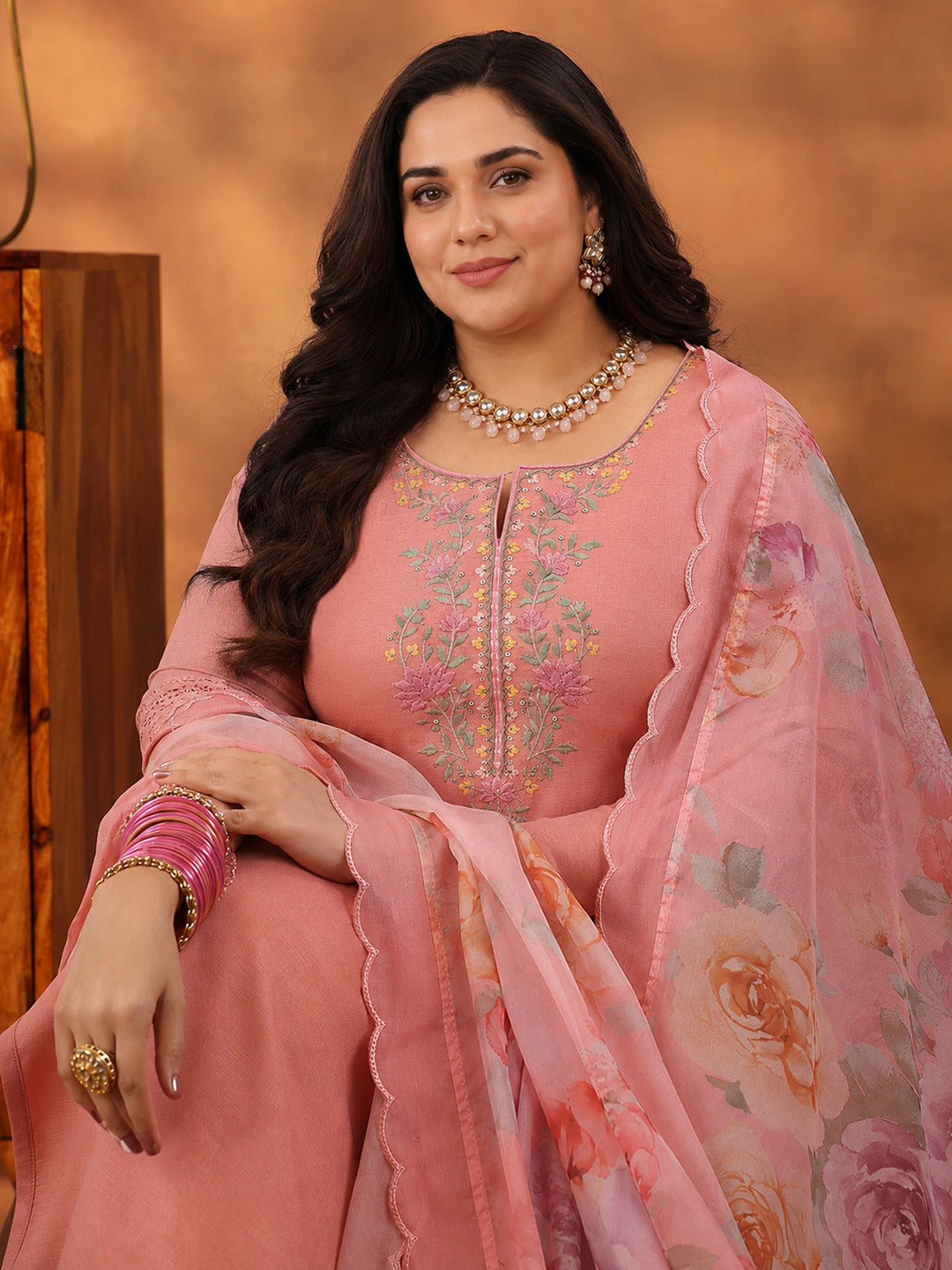  Plus Size Peach Yoke Design Silk Blend Straight Suit With Dupatta 