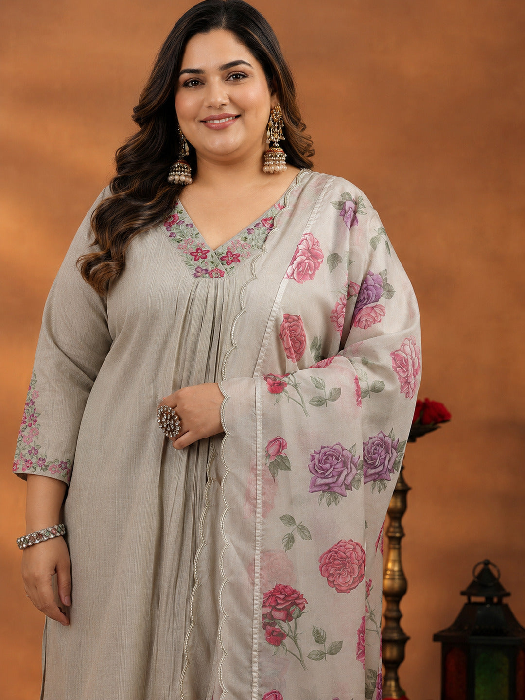  Plus Size Beige Yoke Design Silk Blend Straight Suit With Dupatta 