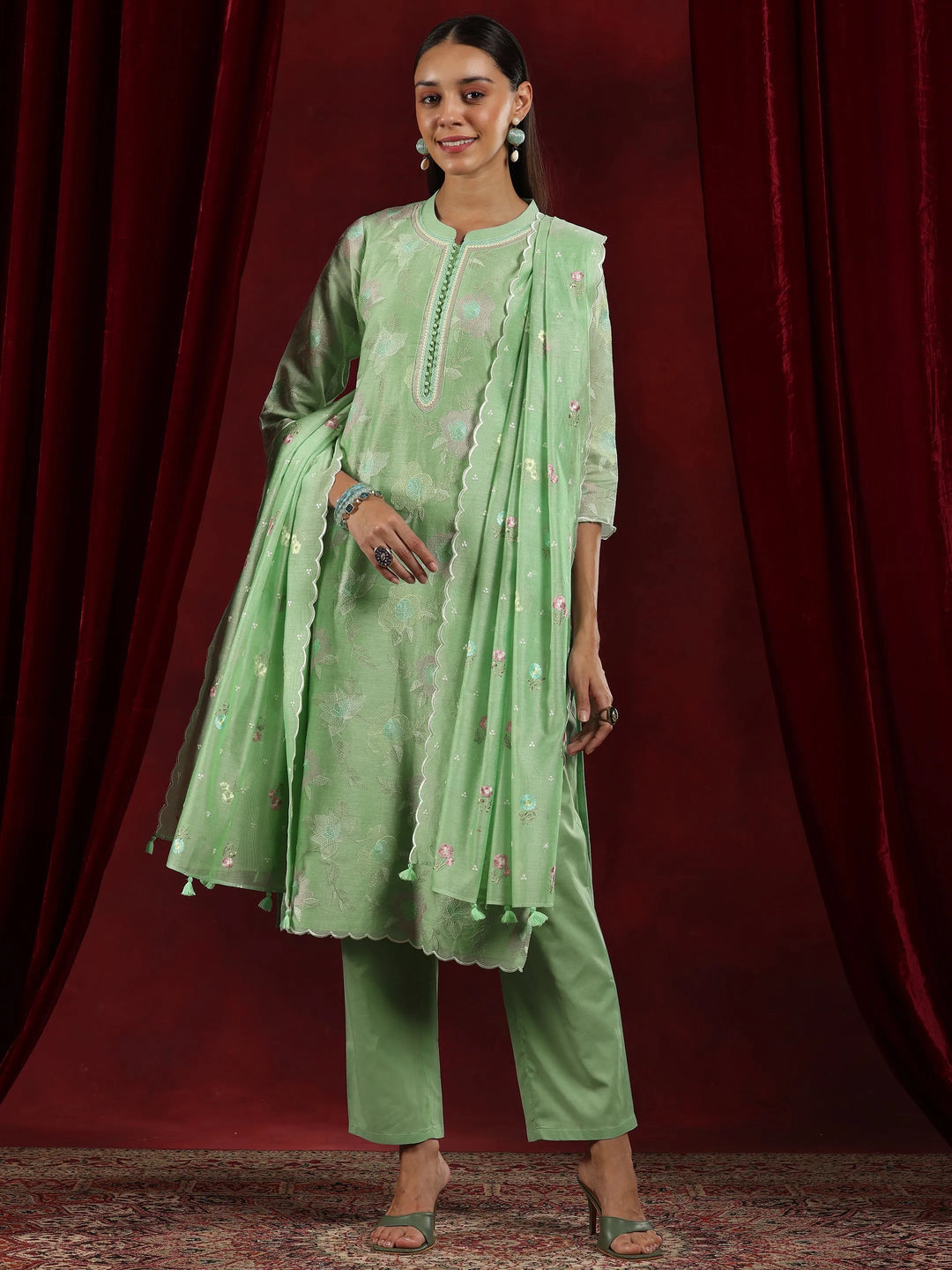  Libas Art Green Embroidered Chanderi Silk Straight Suit With Dupatta 