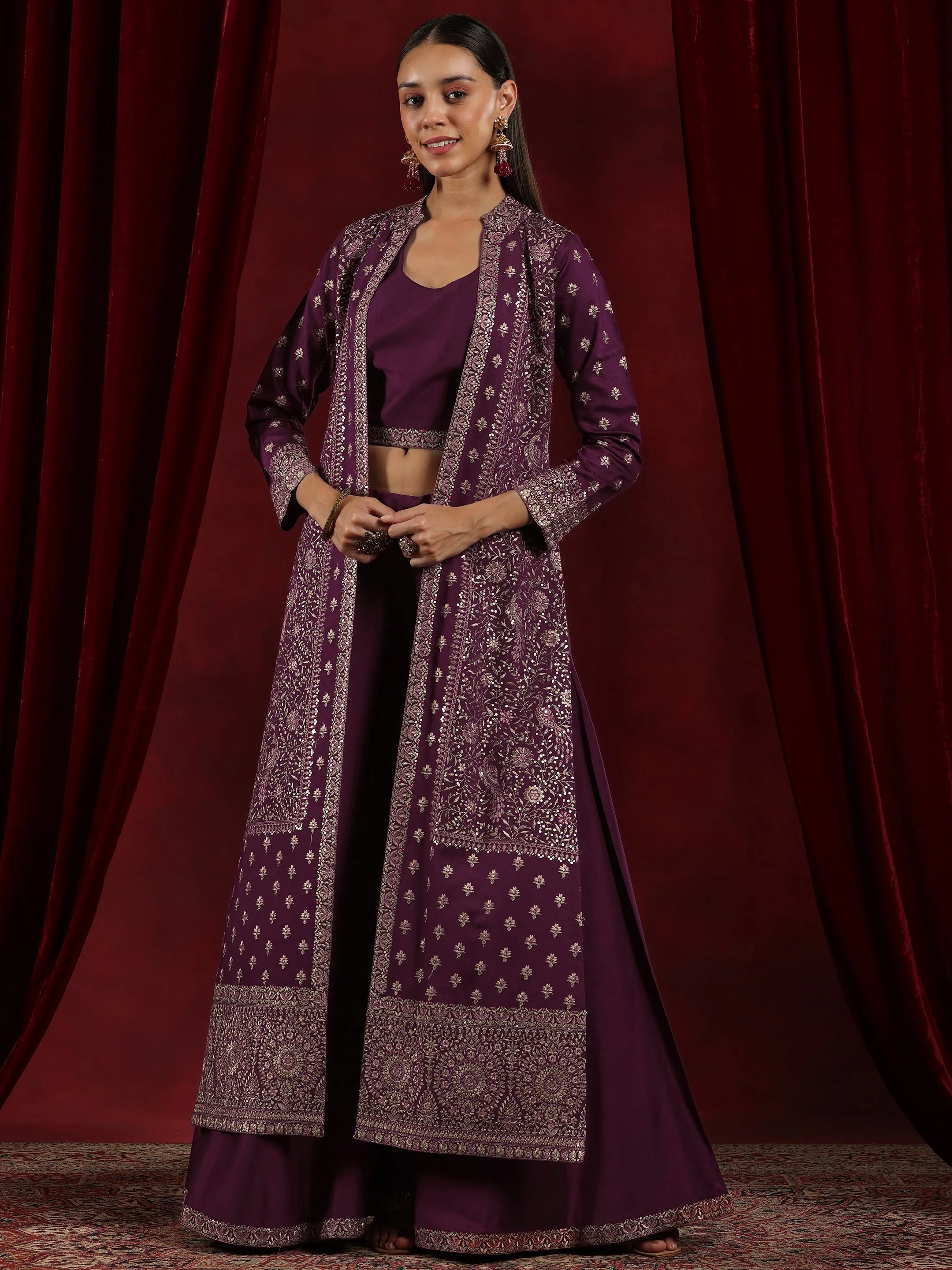 Libas Art Wine Solid Silk Blend Co-Ords With Shrug-picture-22