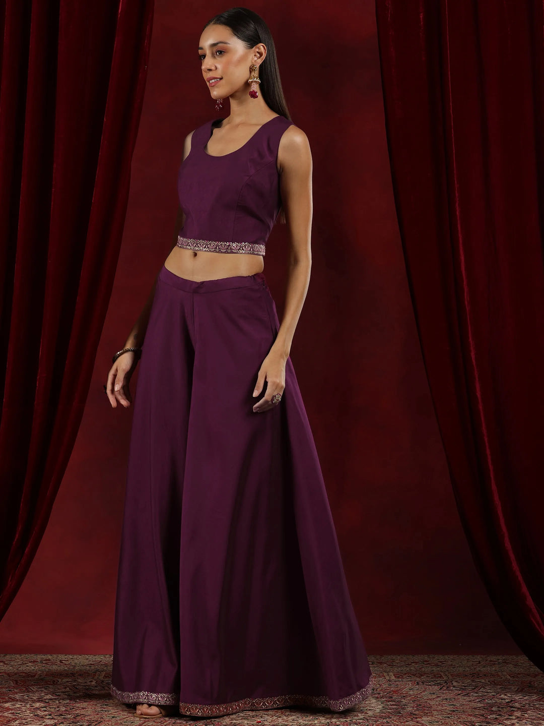  Libas Art Wine Solid Silk Blend Co-Ords With Shrug 