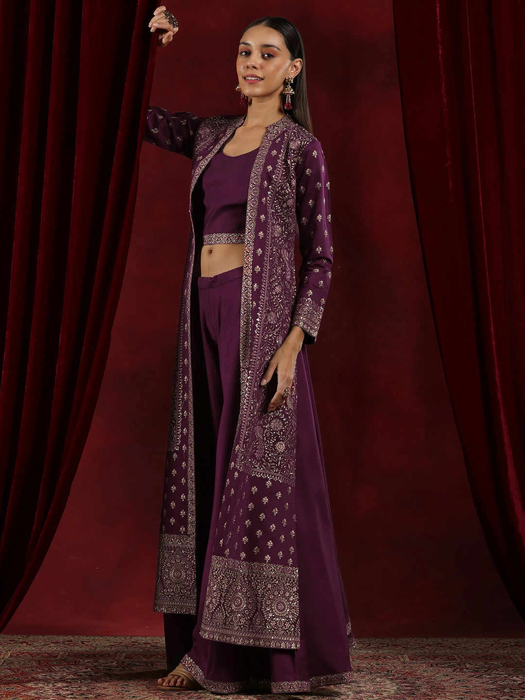  Libas Art Wine Solid Silk Blend Co-Ords With Shrug 