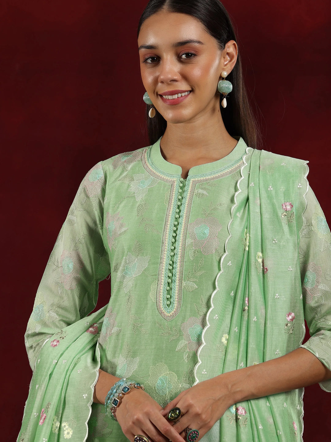  Libas Art Green Embroidered Chanderi Silk Straight Suit With Dupatta 