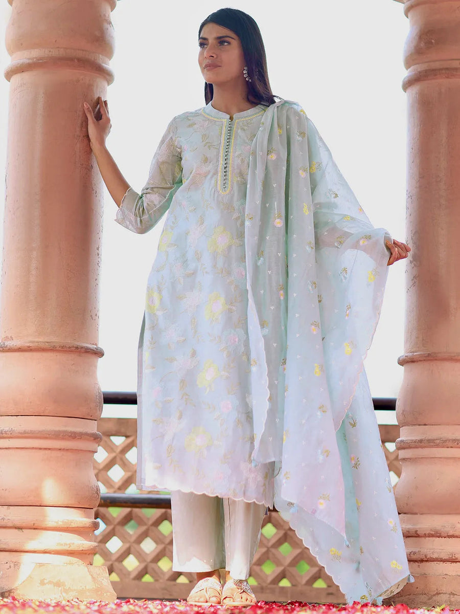 Navy Blue Embroidered Chanderi Silk Straight Suit With Dupatta