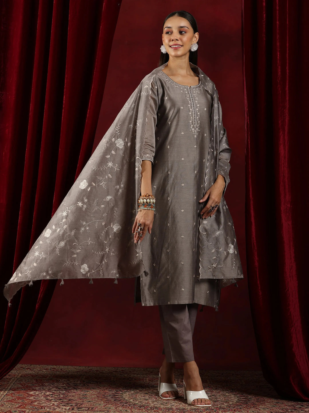  Libas Art Grey Embroidered Chanderi Silk Straight Suit With Dupatta 