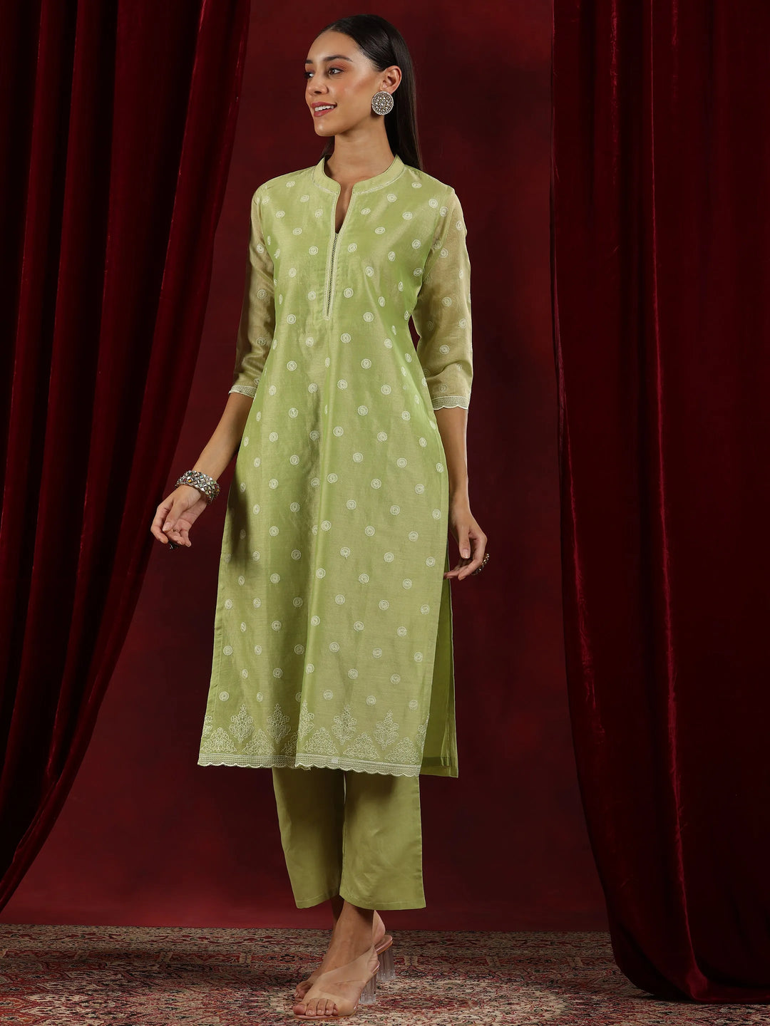  Libas Art Green Embroidered Chanderi Silk Straight Suit With Dupatta 