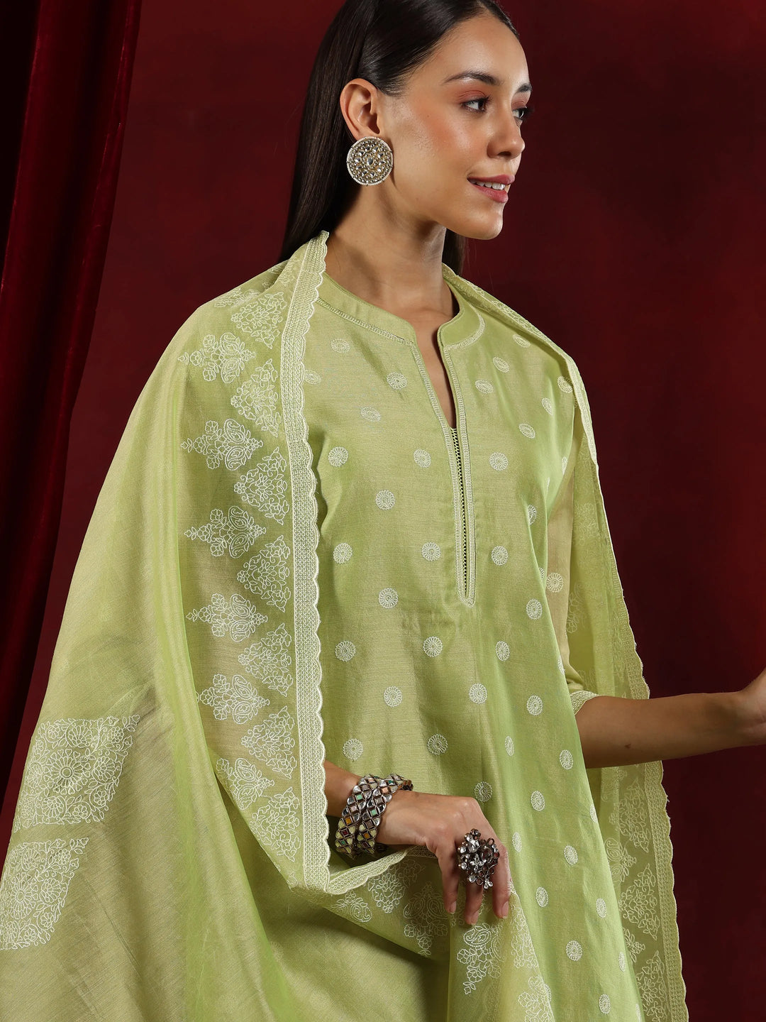  Libas Art Green Embroidered Chanderi Silk Straight Suit With Dupatta 