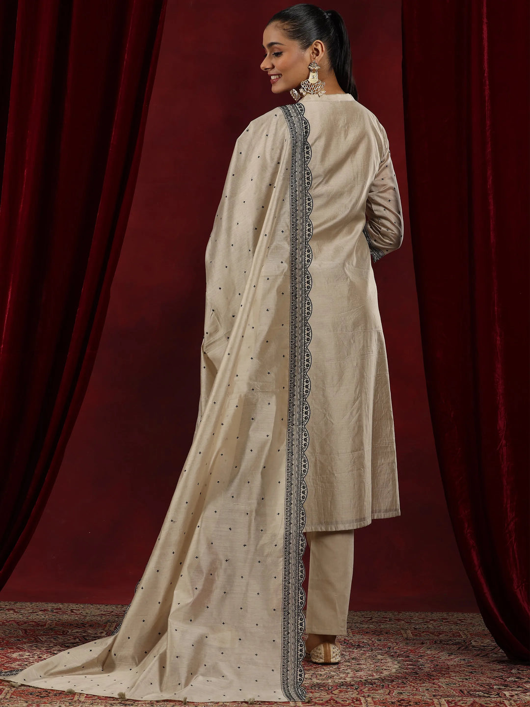  Libas Art Beige Embroidered Chanderi Silk Straight Suit With Dupatta 