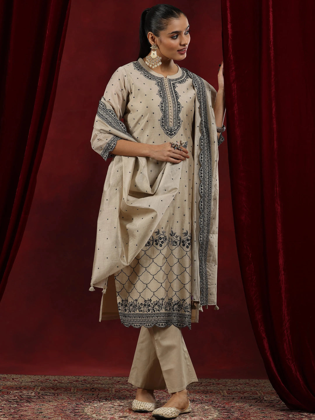  Libas Art Beige Embroidered Chanderi Silk Straight Suit With Dupatta 
