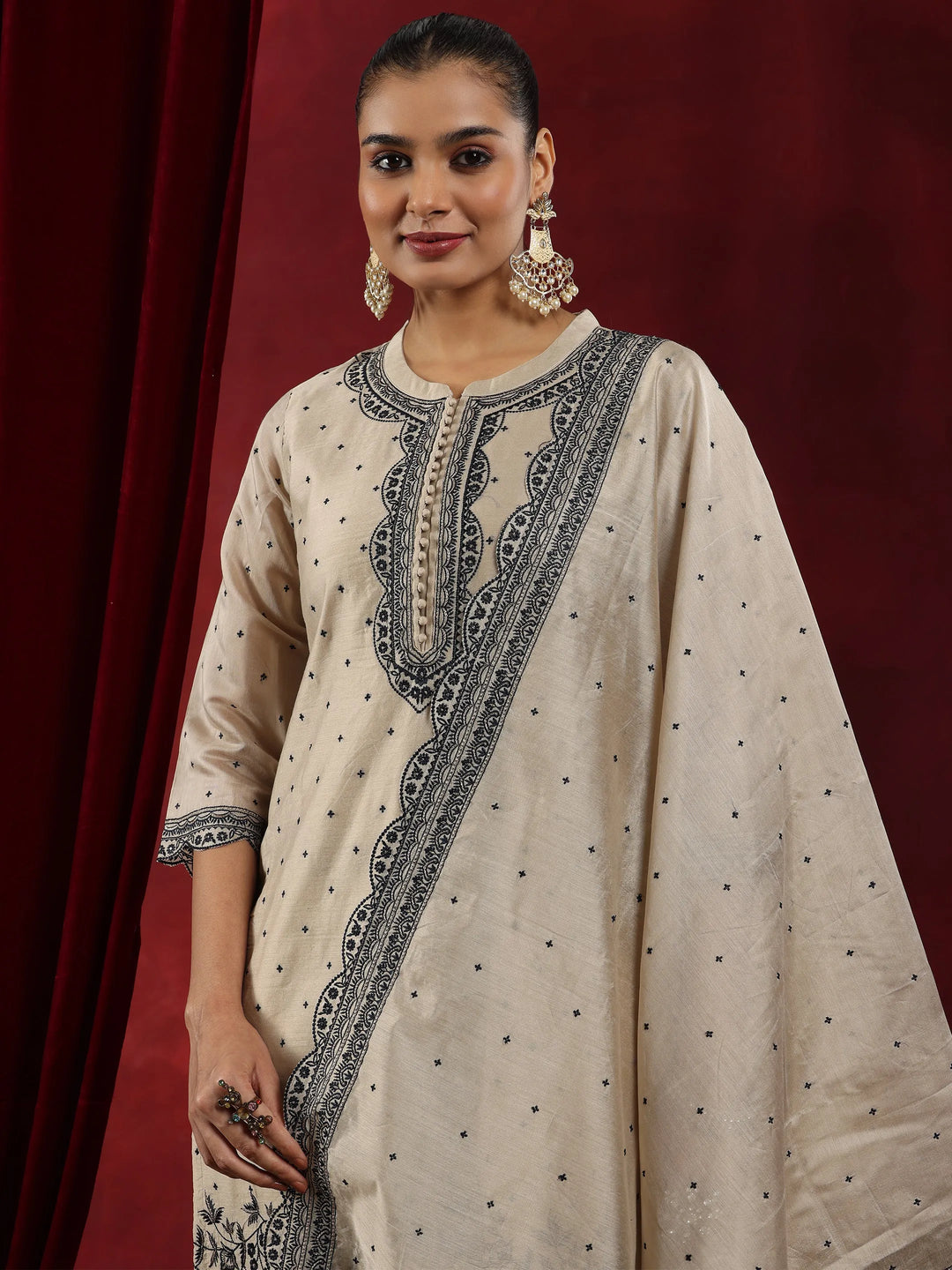  Libas Art Beige Embroidered Chanderi Silk Straight Suit With Dupatta 