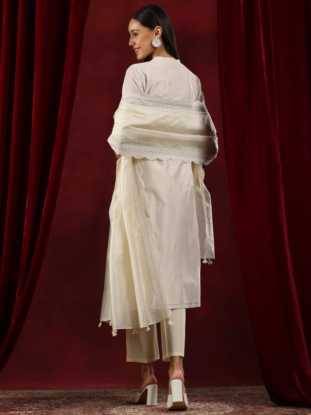  Libas Art Off White Embroidered Chanderi Silk Straight Suit With Dupatta 
