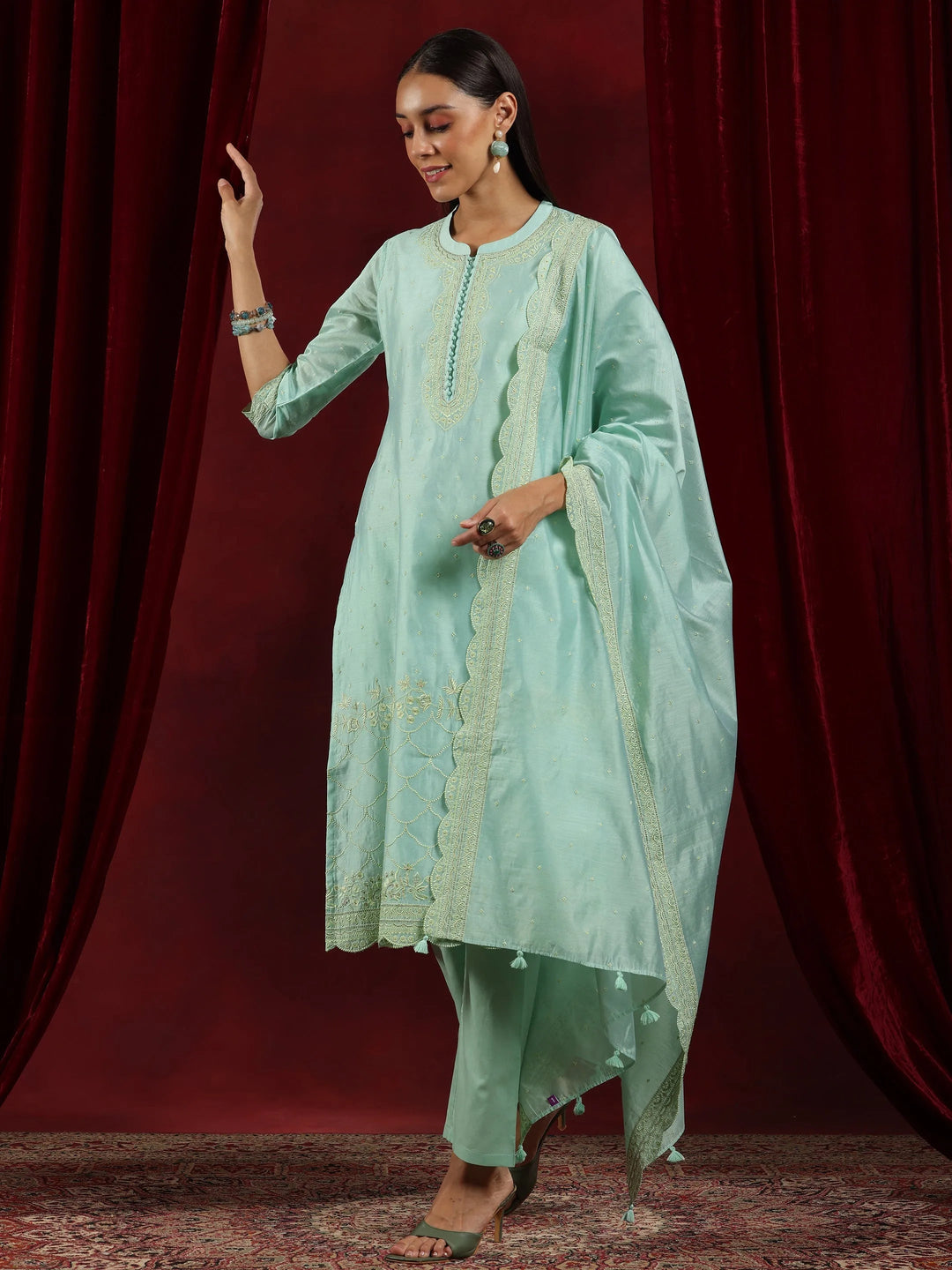  Libas Art Sea Green Embroidered Chanderi Silk Straight Suit With Dupatta 