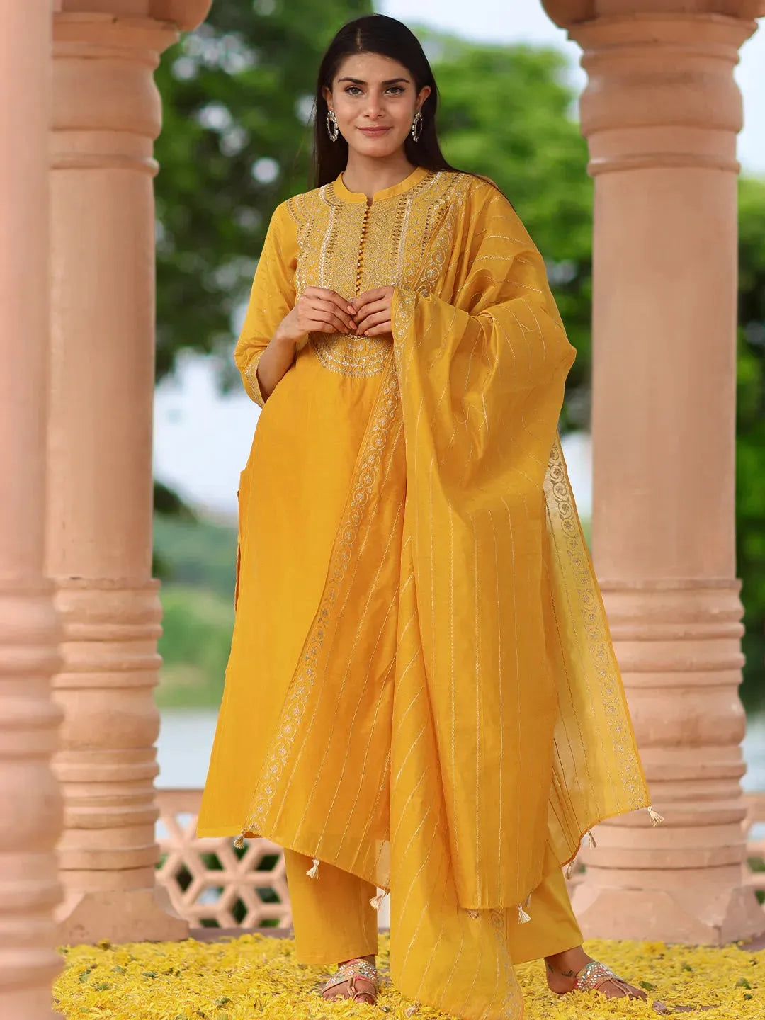  Libas Art Mustard Yoke Design Chanderi Silk Straight Suit With Dupatta 