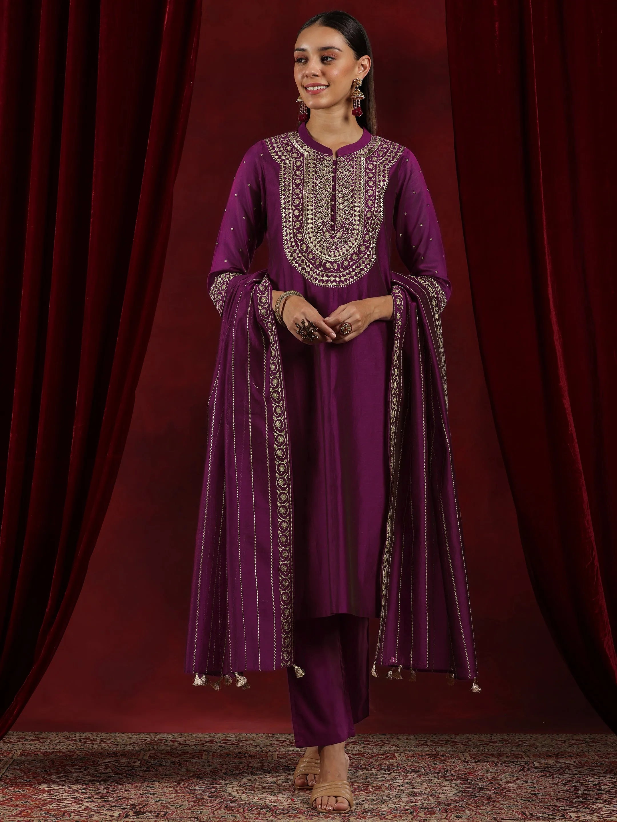 Libas Art Wine Yoke Design Chanderi Silk Straight Suit With Dupatta-picture-66