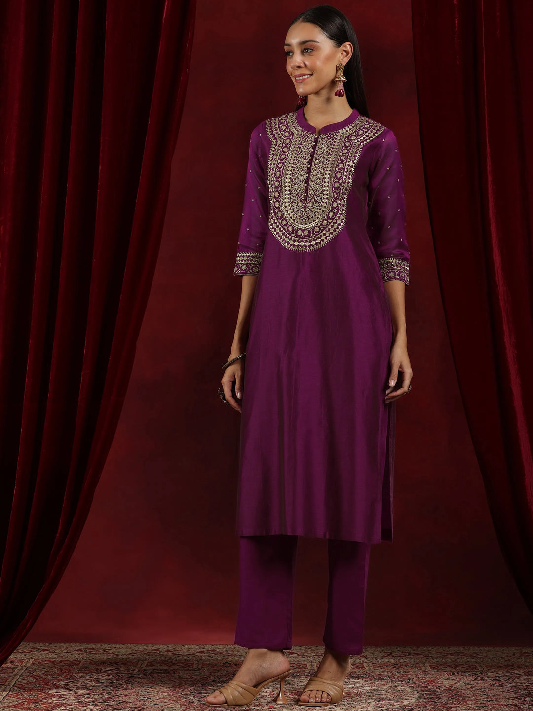  Libas Art Wine Yoke Design Chanderi Silk Straight Suit With Dupatta 