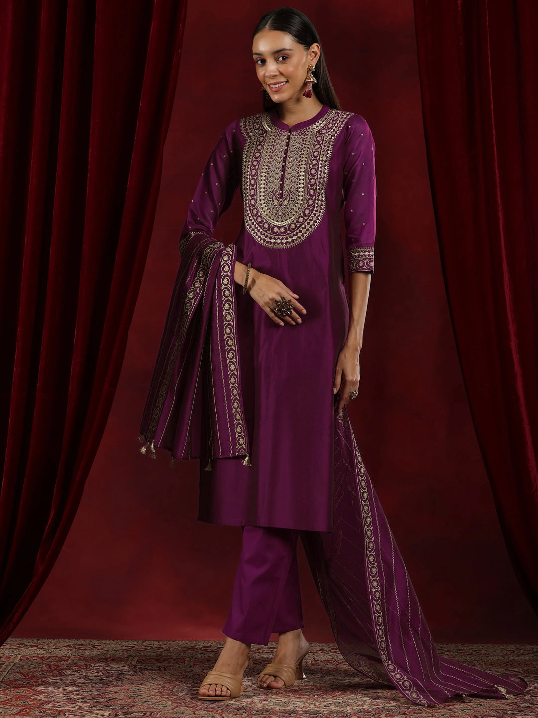  Libas Art Wine Yoke Design Chanderi Silk Straight Suit With Dupatta 