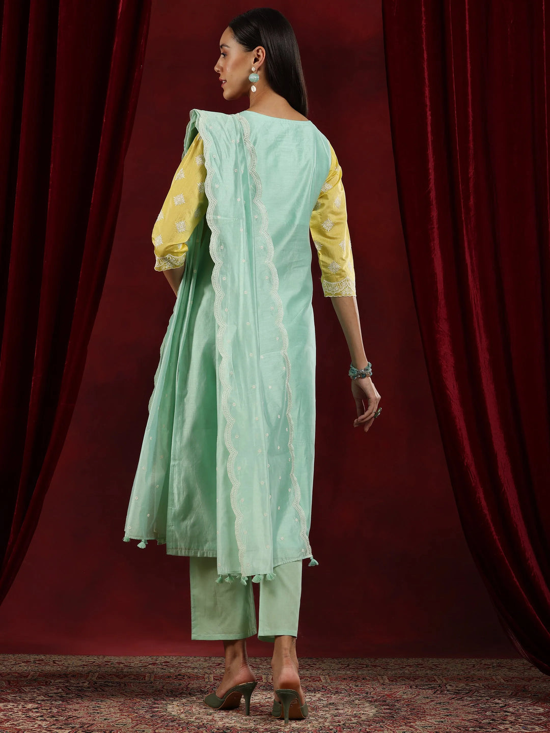 Libas Art Sea Green Yoke Design Chanderi Silk Straight Suit With Dupatta 