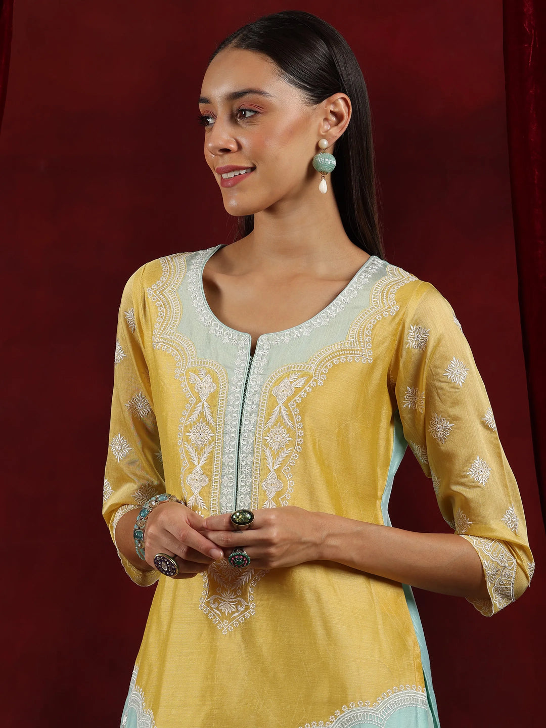  Libas Art Sea Green Yoke Design Chanderi Silk Straight Suit With Dupatta 