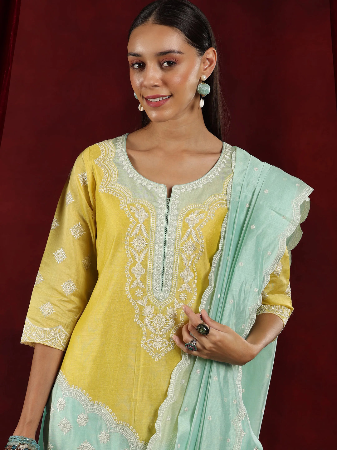  Libas Art Sea Green Yoke Design Chanderi Silk Straight Suit With Dupatta 