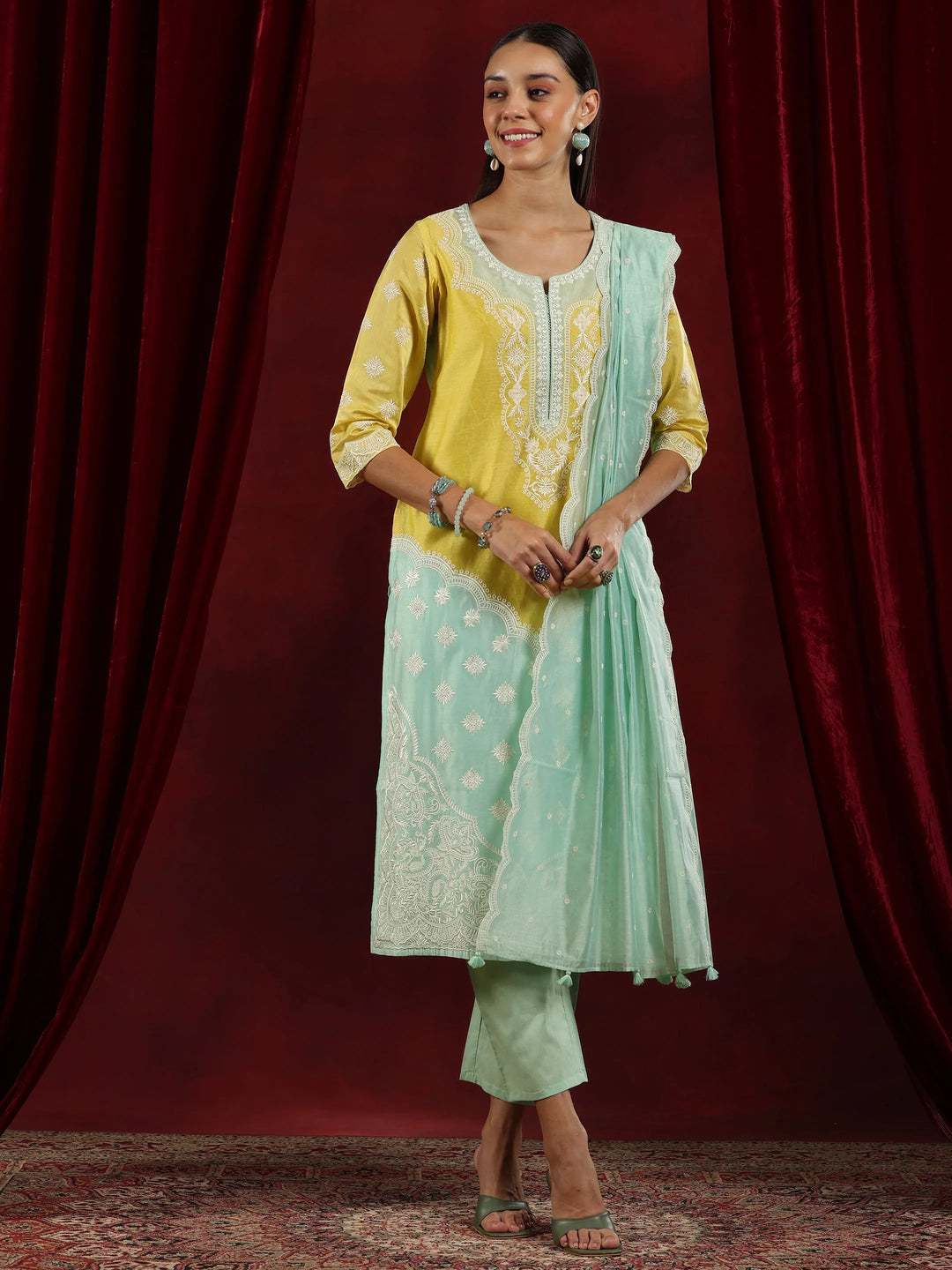  Libas Art Sea Green Yoke Design Chanderi Silk Straight Suit With Dupatta 