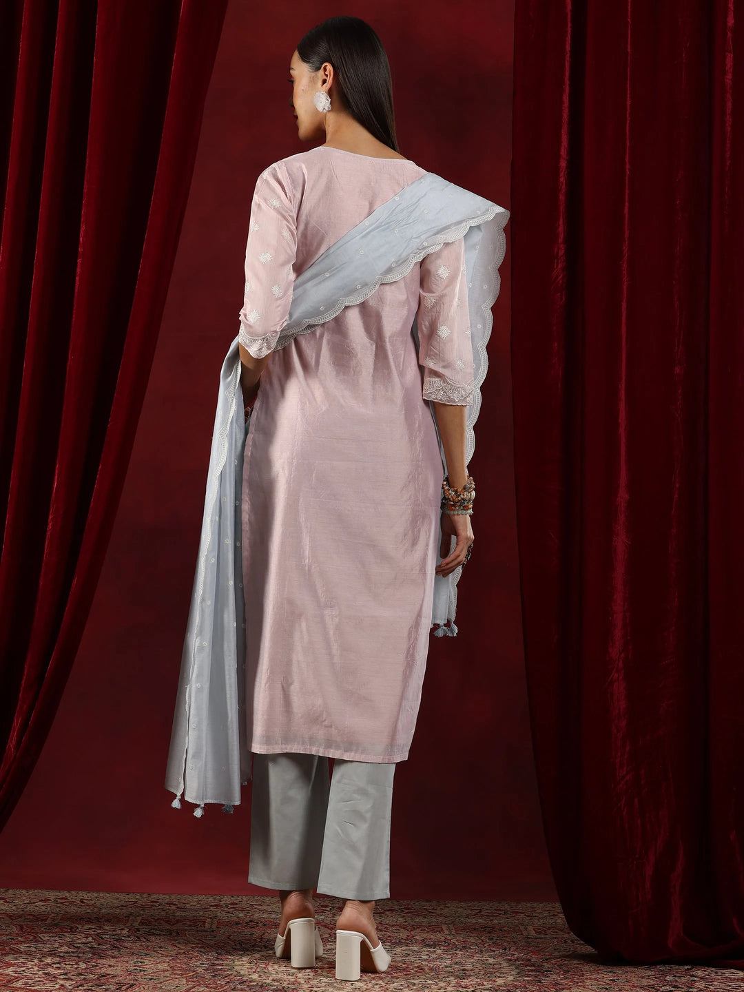  Libas Art Grey Yoke Design Chanderi Silk Straight Suit With Dupatta 