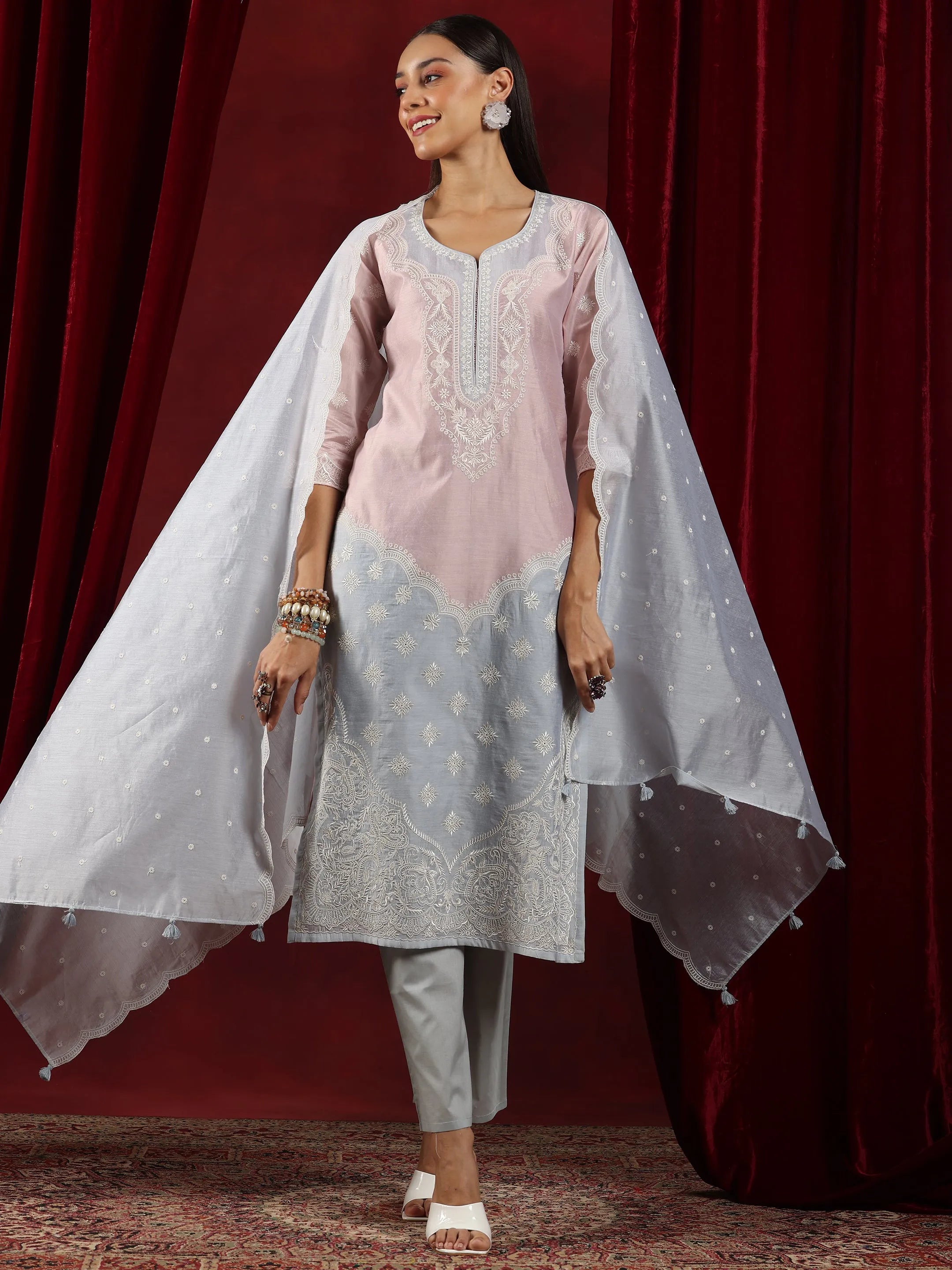Libas Art Grey Yoke Design Chanderi Silk Straight Suit With Dupatta-image-49