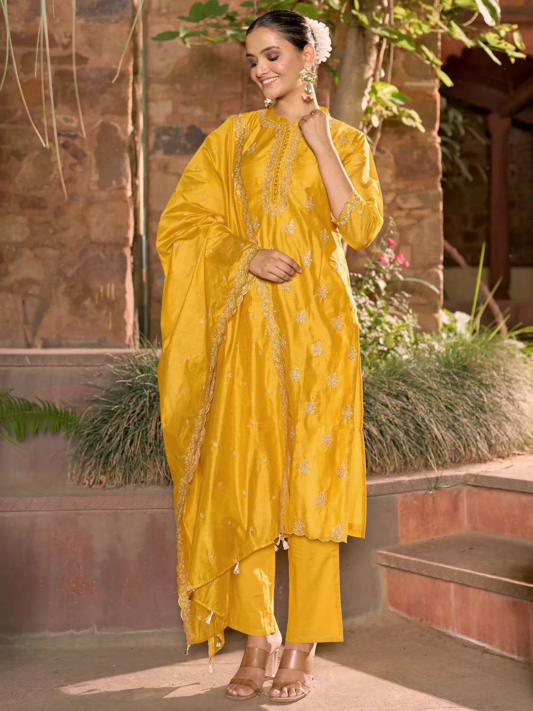  Libas Art Mustard Embroidered Chanderi Silk Straight Suit With Dupatta 