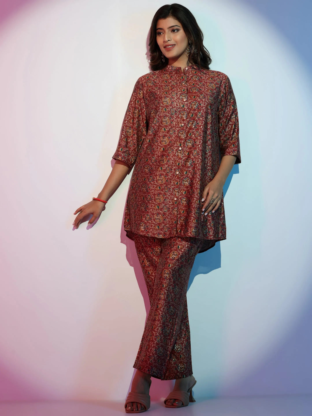  Maroon Printed Silk Blend Co-Ords 