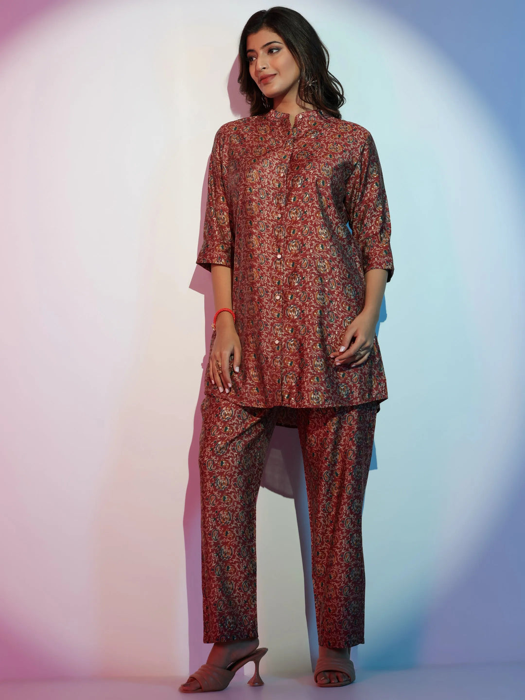  Maroon Printed Silk Blend Co-Ords 