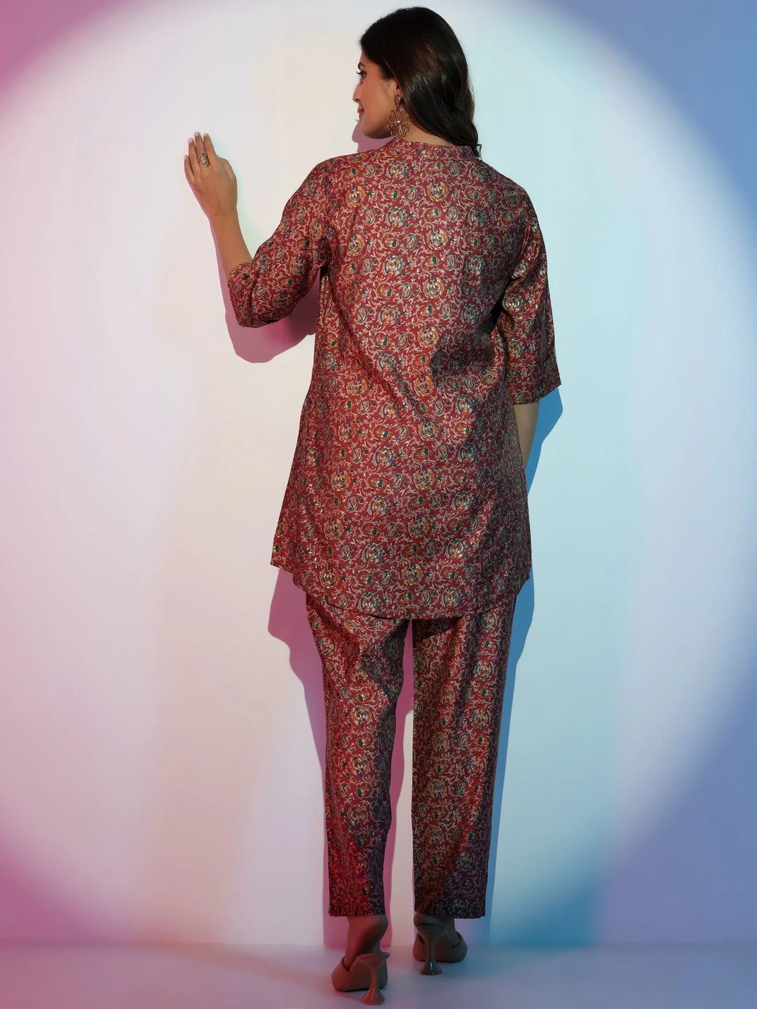  Maroon Printed Silk Blend Co-Ords 