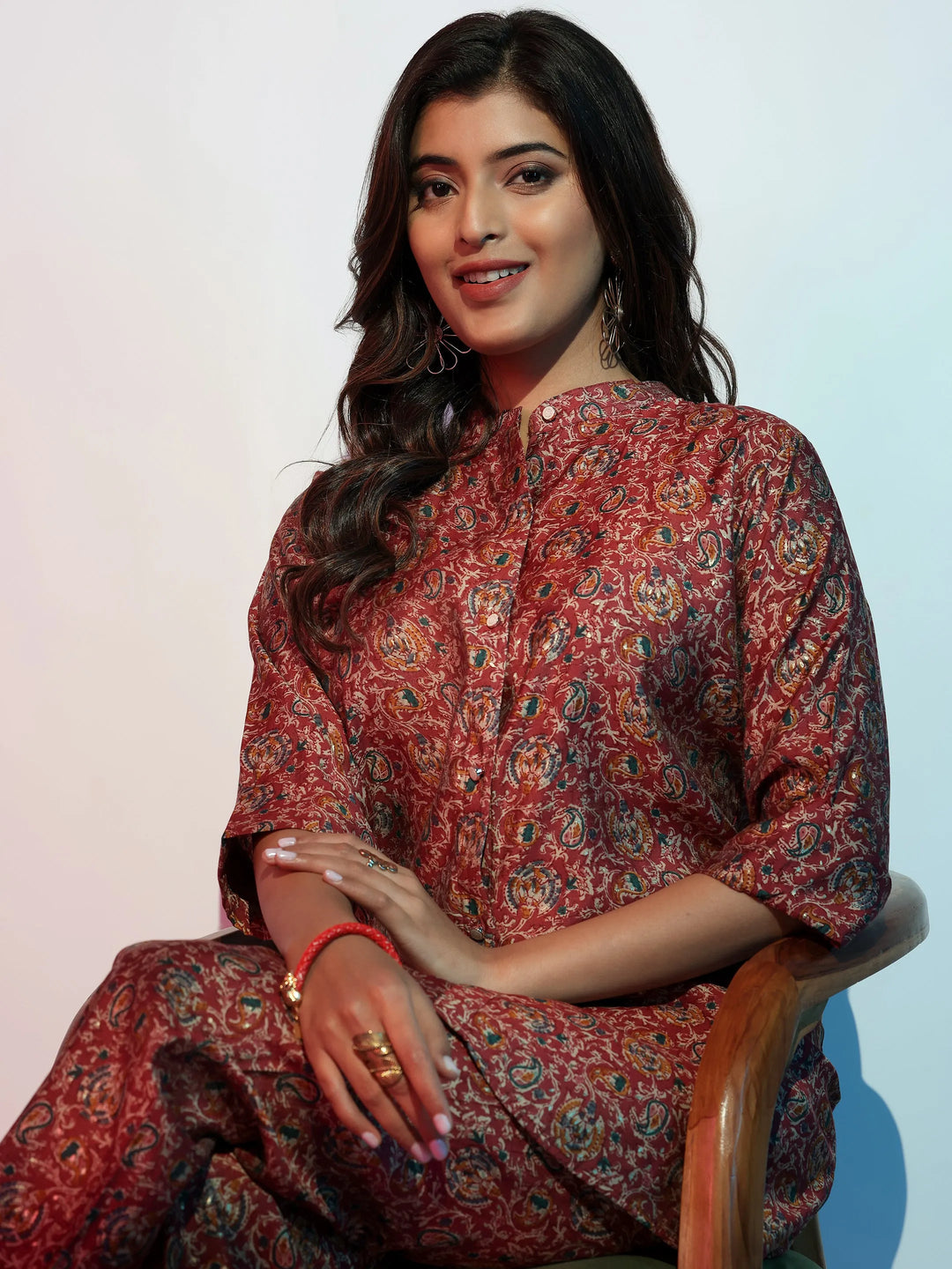  Maroon Printed Silk Blend Co-Ords 