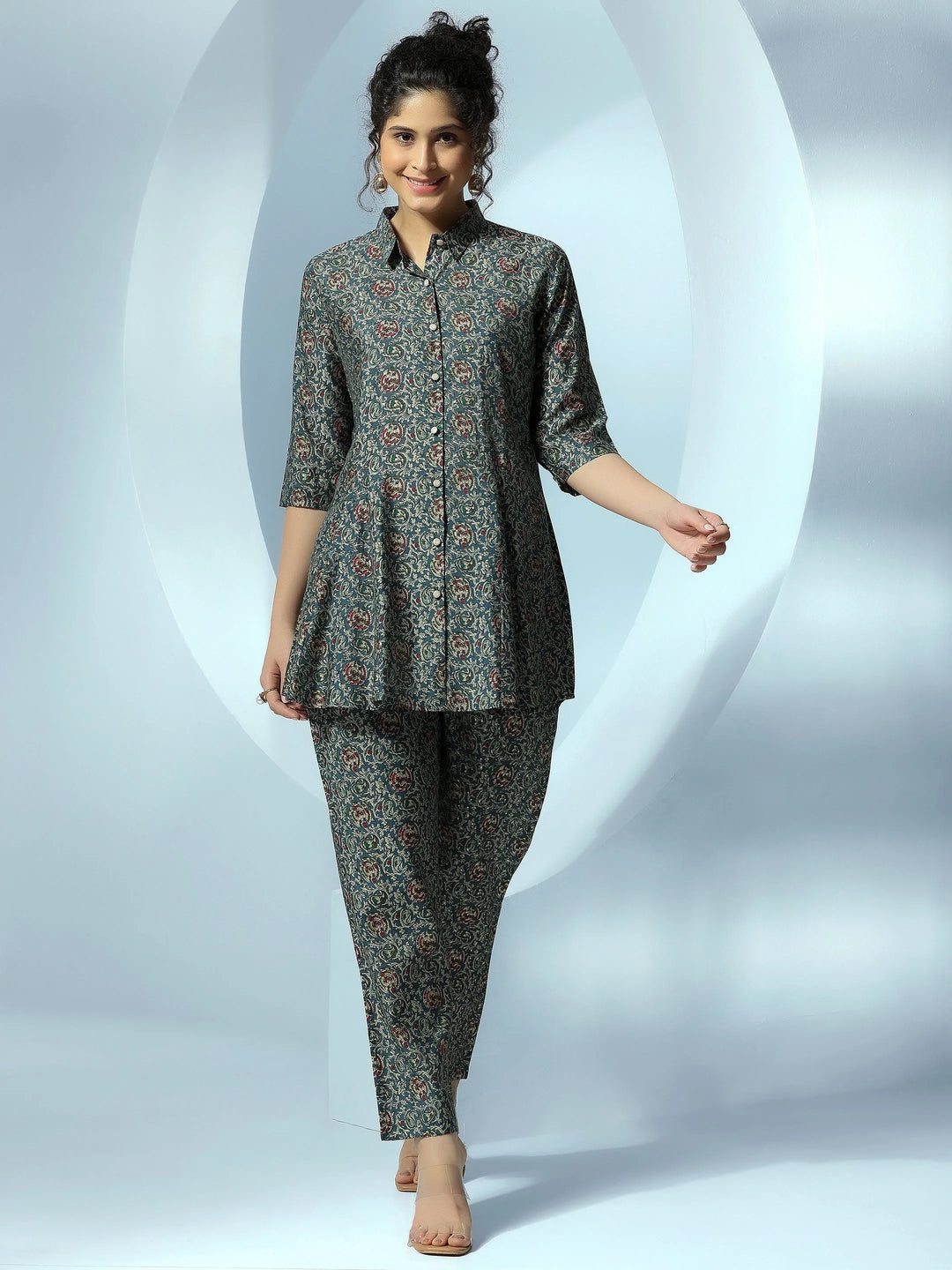  Blue Printed Silk Blend Co-Ords 