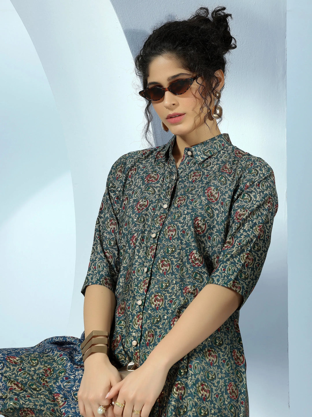  Blue Printed Silk Blend Co-Ords 