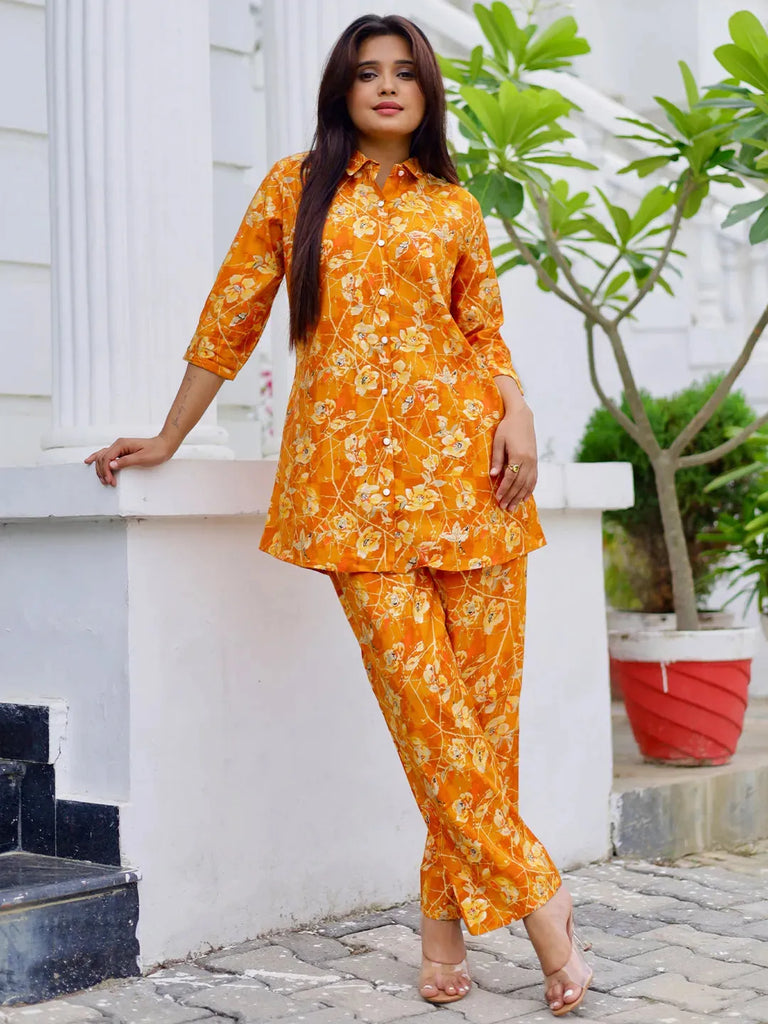 Libas Mustard Printed Silk Blend Co-Ords