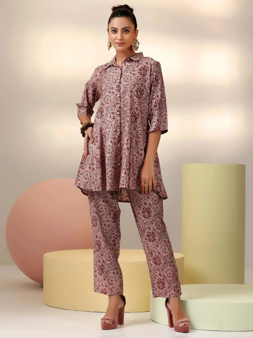  Mauve Printed Silk Blend Co-Ords 