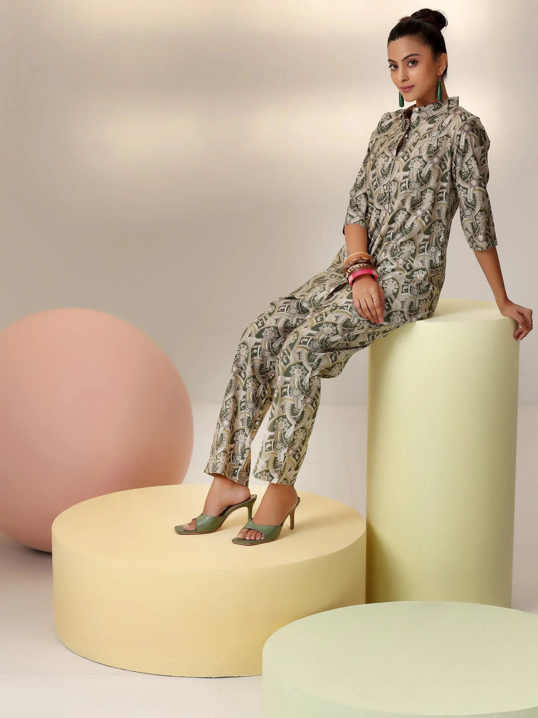  Green Printed Silk Blend Co-Ords 