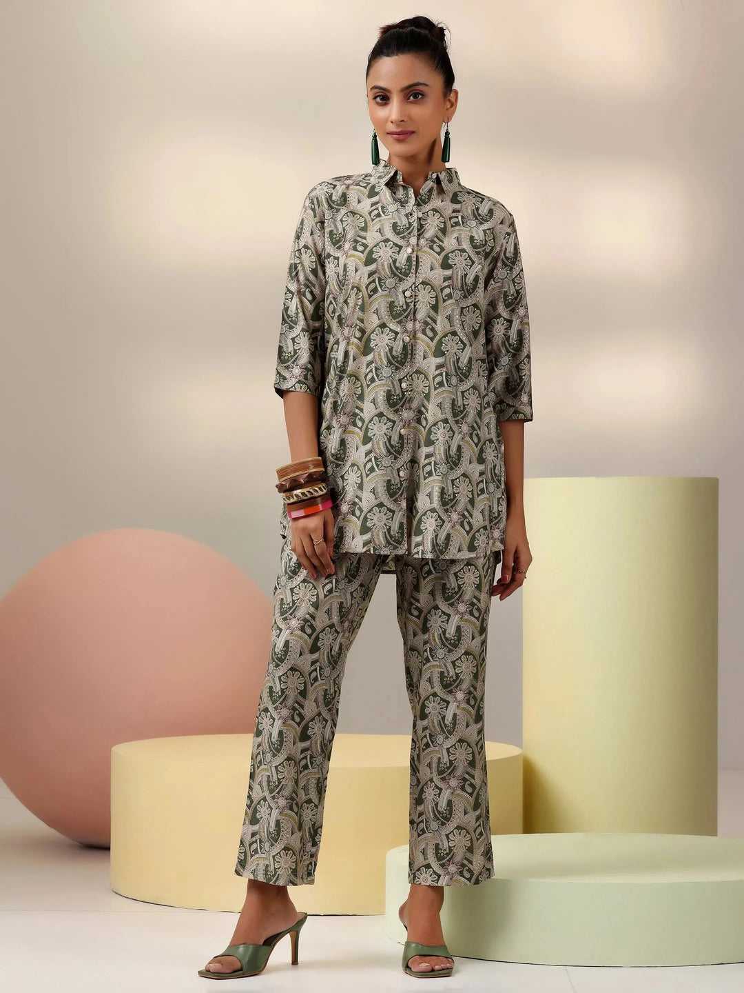  Green Printed Silk Blend Co-Ords 